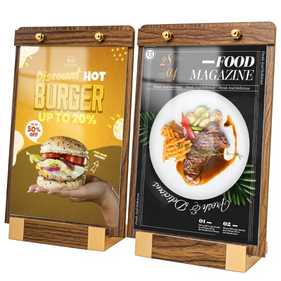 3 Pack 8.5"x11" Acrylic Sign Holder with Wood-Color Base, Tabletop Display Sign Holder Vertical for Store/Coffee Shop/Restaurant Menu Hotel/Office Poster Show